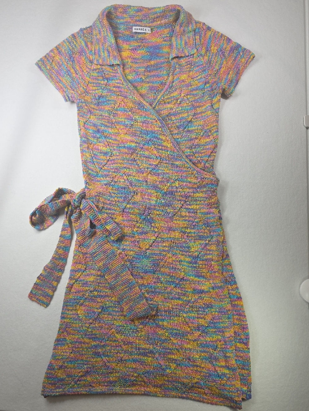 GHANDA Rainbow Knit Wrap‎ Tie Mini Dress Pastel Y2K Fairycore Medium Coquette